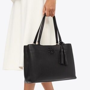 NEW! Tory Burch McGraw Triple Compartment Leather Satchel Tote – Black Sold Out